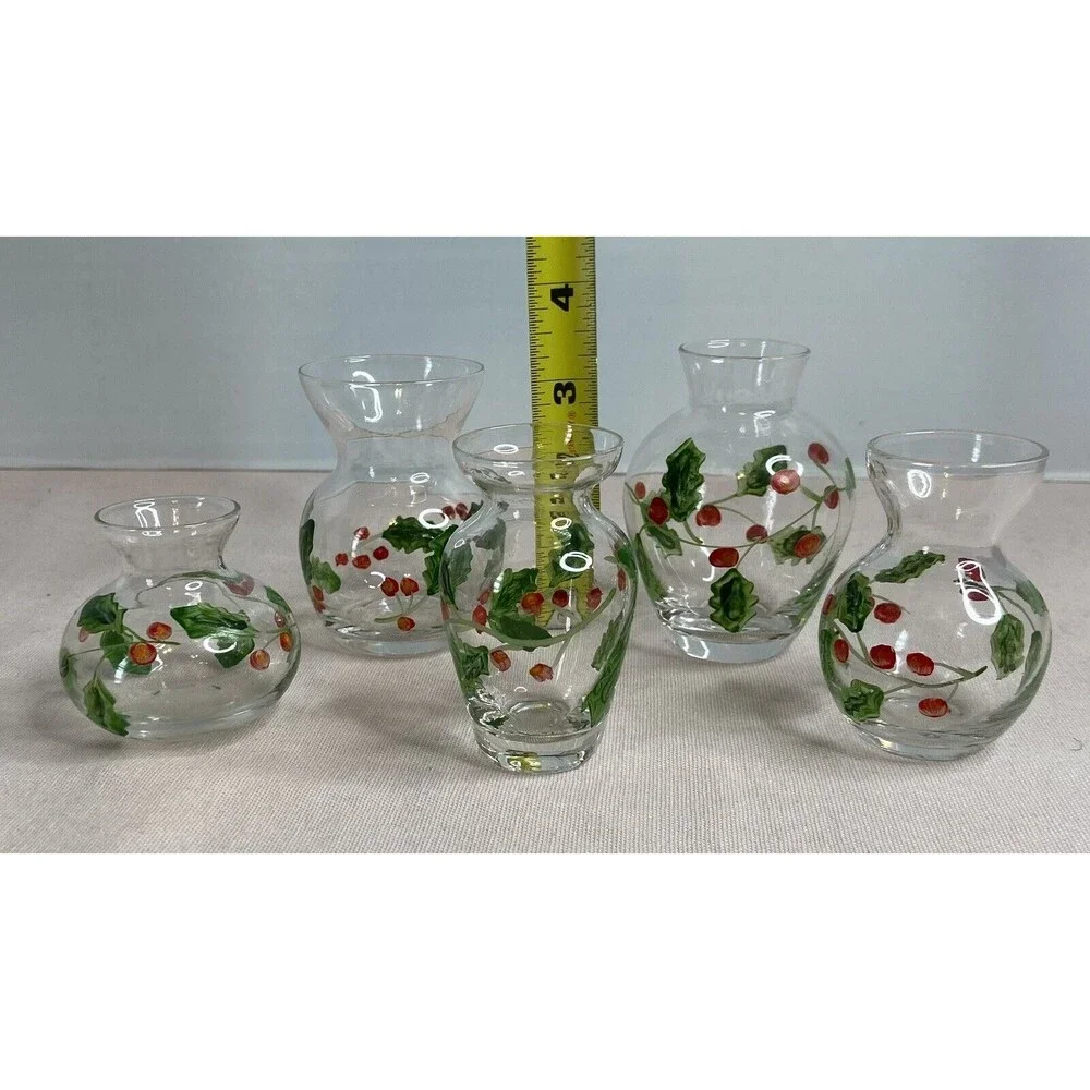 HAND PAINTED GLASS , CLEAR MINI VASES. 5 ITEMS IN THE SET.  VINES & BERRIES.